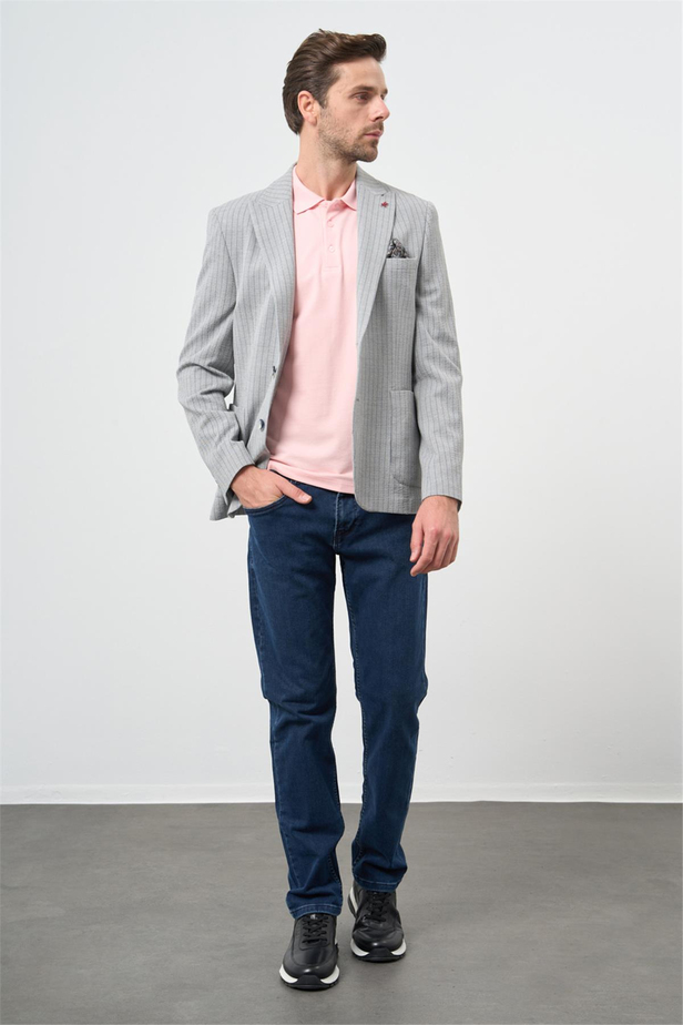 Gri Çizgili Gofreli Kırlangıç Yaka Likralı 6 Drop Slim Fit Dar Kesim Klasik Ceket 1002240111