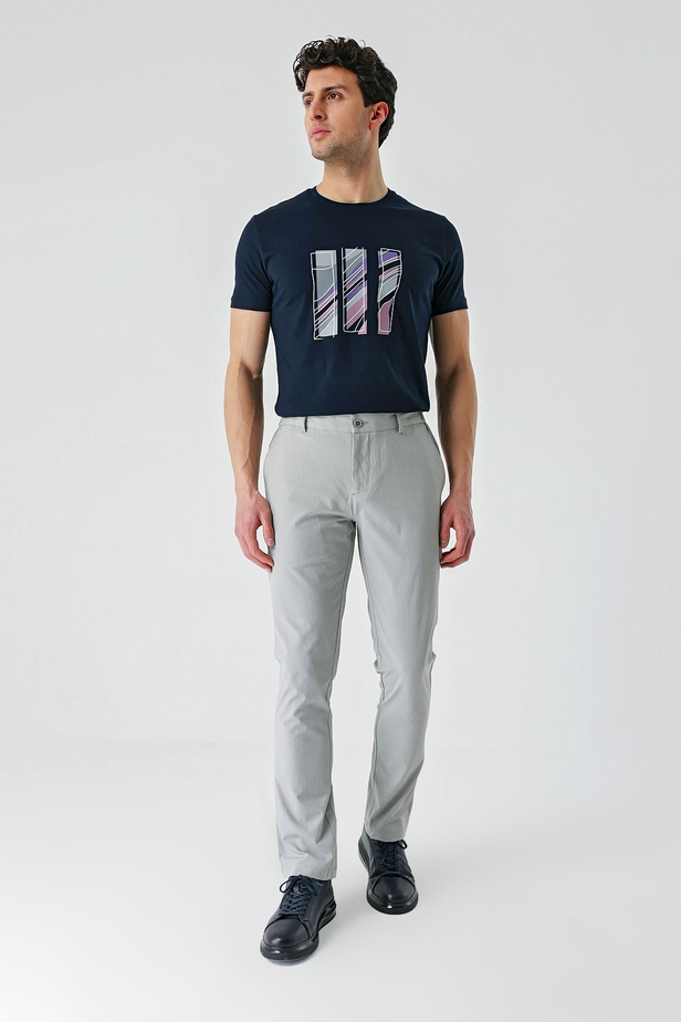Gri Desenli Gofreli Pamuklu Likralı Yan Cepli Slim Fit Dar Kesim Casual Pantolon 1003240206