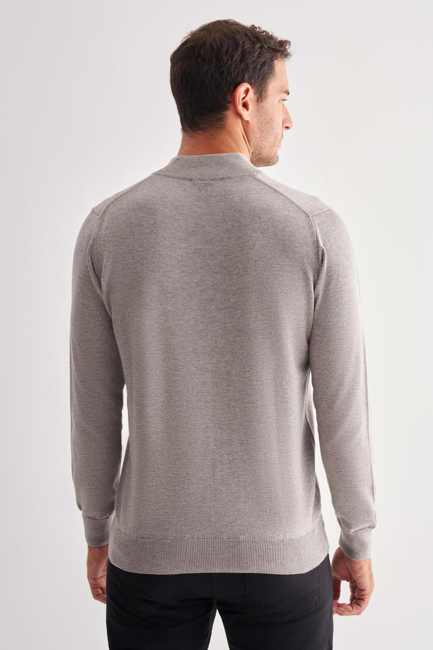 Gri Fermuarlı Dik Yaka Uzun Kol Cepsiz Comfort Fit Classic Pamuklu Triko Kazak 1012255201