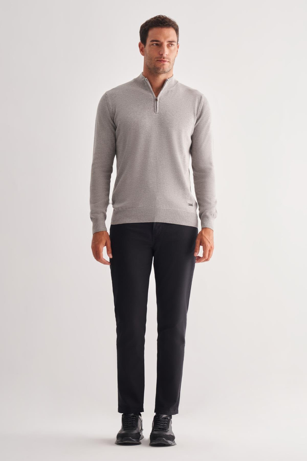 Gri Fermuarlı Dik Yaka Uzun Kol Cepsiz Comfort Fit Classic Pamuklu Triko Kazak 1012255201