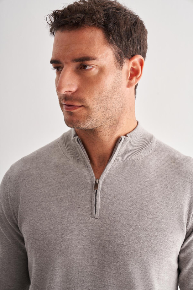 Gri Fermuarlı Dik Yaka Uzun Kol Cepsiz Comfort Fit Classic Pamuklu Triko Kazak 1012255201