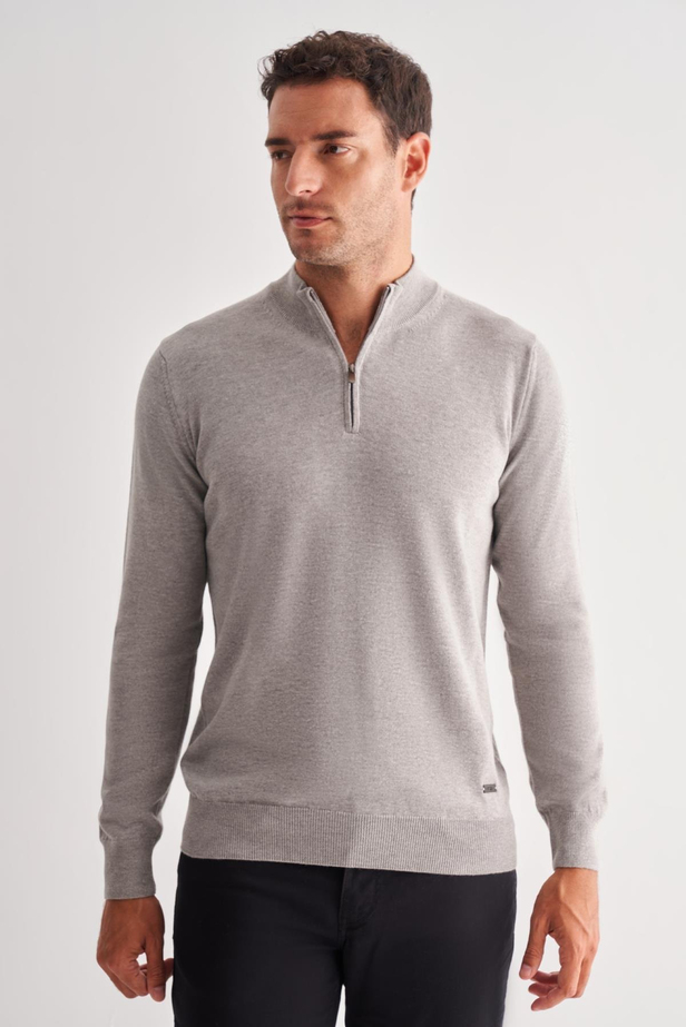 Gri Fermuarlı Dik Yaka Uzun Kol Cepsiz Comfort Fit Classic Pamuklu Triko Kazak 1012255201