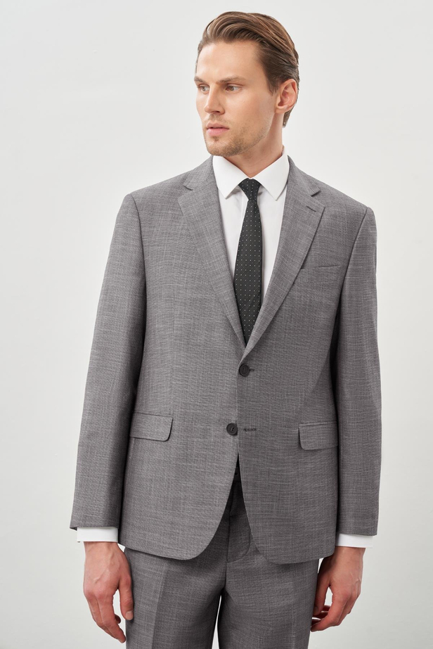 Gri Kendinden Desenli Bez Ayağı Mono Yaka Tam Astar Çift Yırtmaç 2 Düğme 4 Drop Comfort Fit Classic Takım Elbise 1001245161