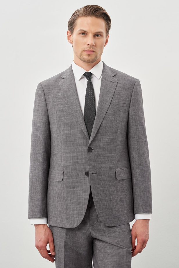 Gri Kendinden Desenli Bez Ayağı Mono Yaka Tam Astar Çift Yırtmaç 2 Düğme 4 Drop Comfort Fit Classic Takım Elbise 1001245161