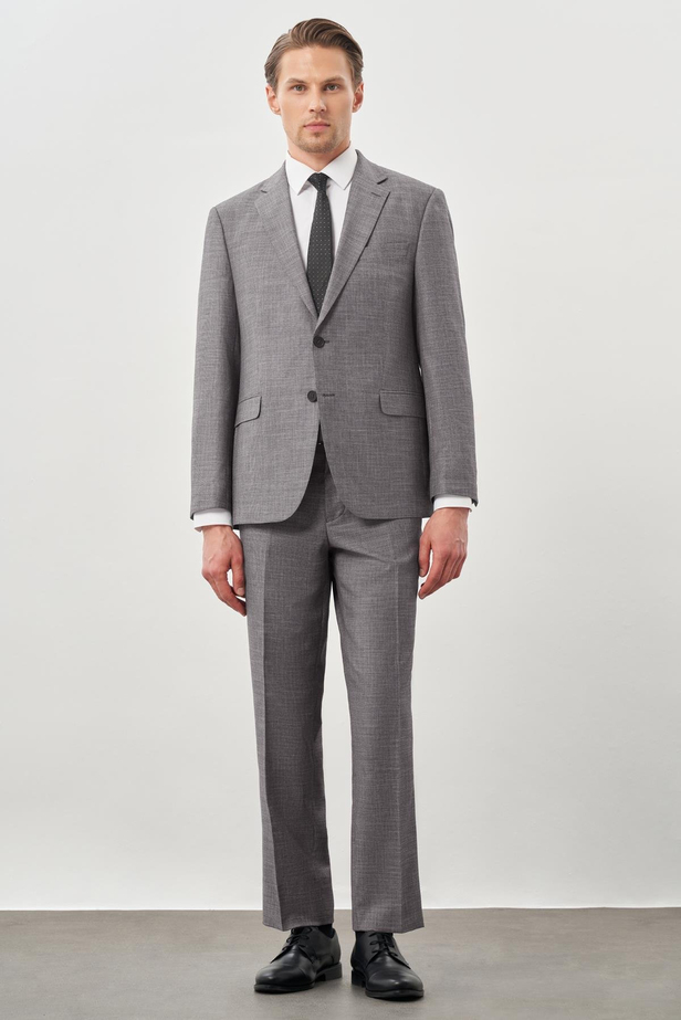 Gri Kendinden Desenli Bez Ayağı Mono Yaka Tam Astar Çift Yırtmaç 2 Düğme 4 Drop Comfort Fit Classic Takım Elbise 1001245161