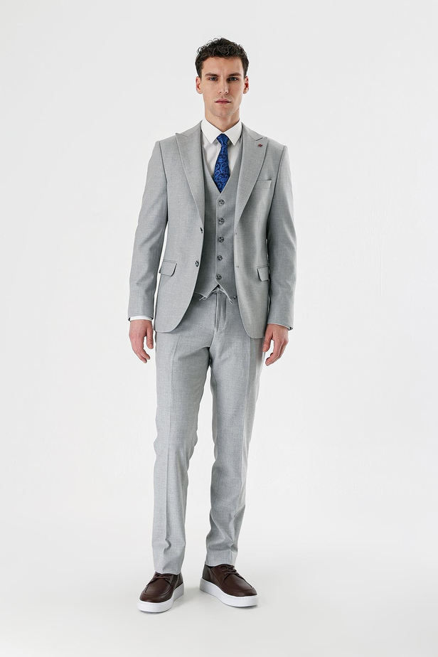 Gri Kırlangıç Yaka Yelekli Likralı 6 Drop Slim Fit Dar Kesim Klasik Takım Elbise 1001240167