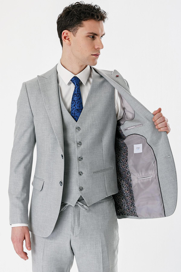 Gri Kırlangıç Yaka Yelekli Likralı 6 Drop Slim Fit Dar Kesim Klasik Takım Elbise 1001240167
