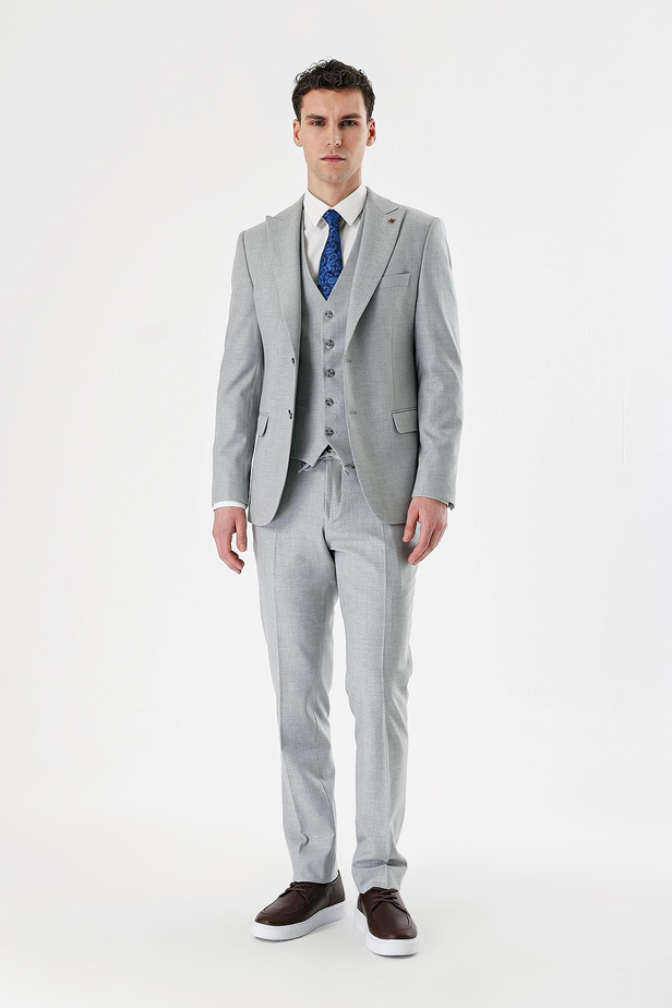 Gri Kırlangıç Yaka Yelekli Likralı 6 Drop Slim Fit Dar Kesim Klasik Takım Elbise 1001240167
