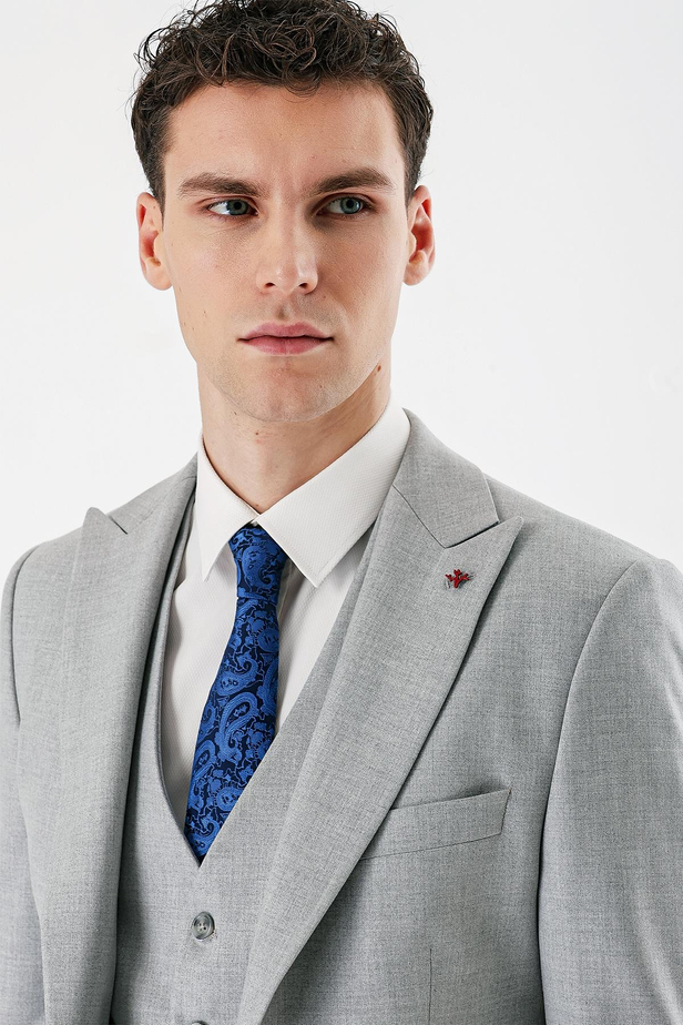 Gri Kırlangıç Yaka Yelekli Likralı 6 Drop Slim Fit Dar Kesim Klasik Takım Elbise 1001240167