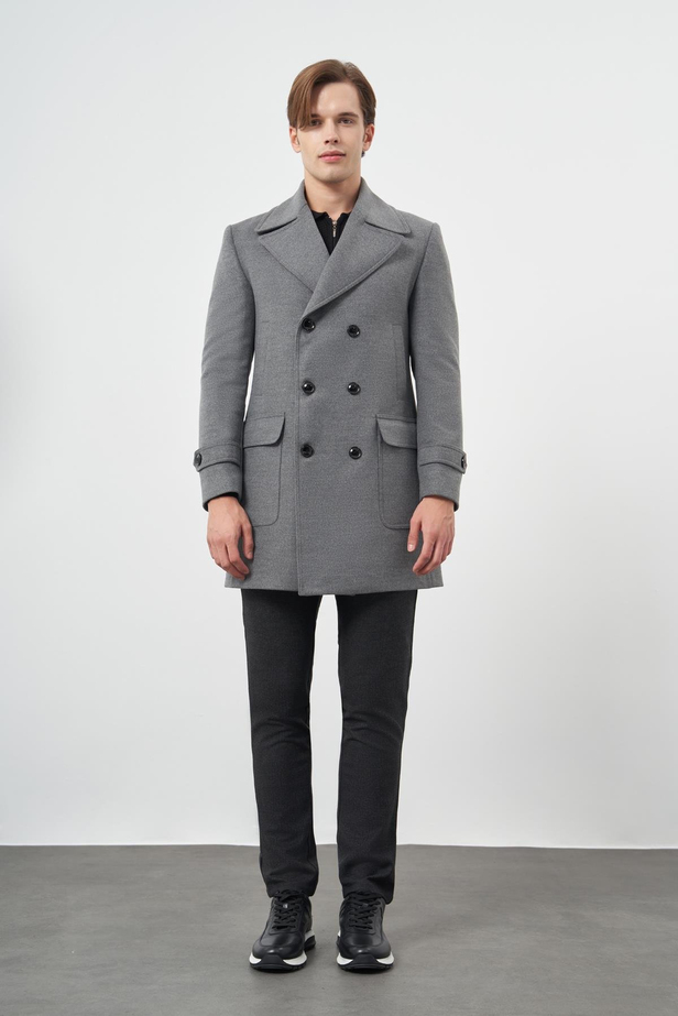 Gri Kruvaze Kaşe Kırlangıç Yaka Düz Tek Yırtmaç Tam Astar Slim Fit Classic Palto 1005245151
