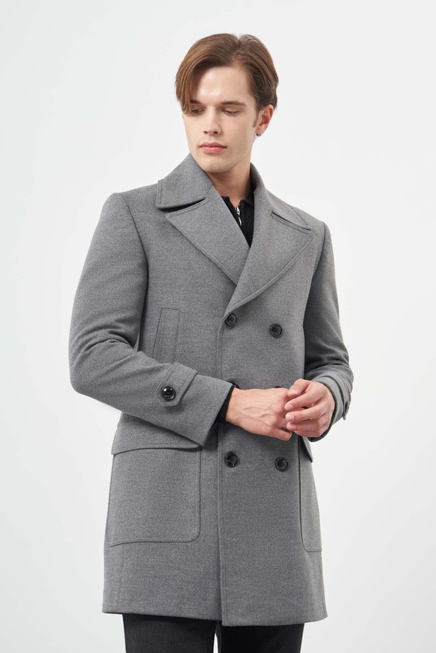 Gri Kruvaze Kaşe Kırlangıç Yaka Düz Tek Yırtmaç Tam Astar Slim Fit Classic Palto 1005245151