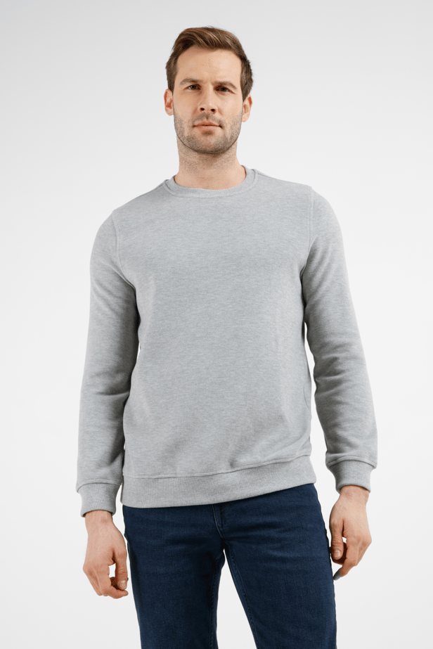 Gri Uzun Kol Bisiklet Yaka Düz Pamuklu Comfort Fit Sweatshirt 1013255150