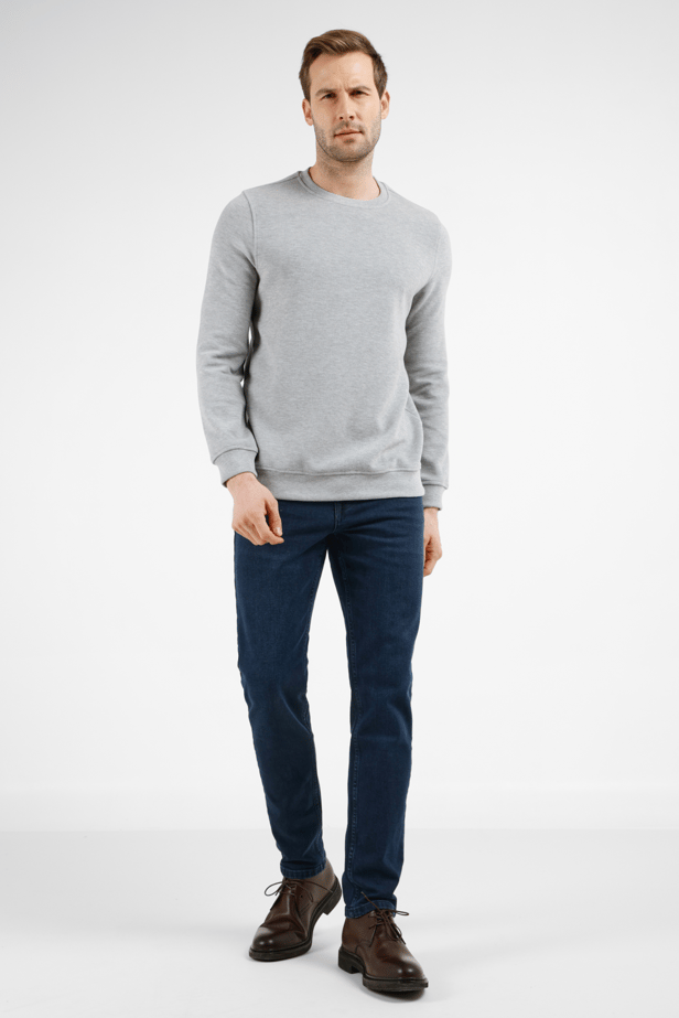Gri Uzun Kol Bisiklet Yaka Düz Pamuklu Comfort Fit Sweatshirt 1013255150