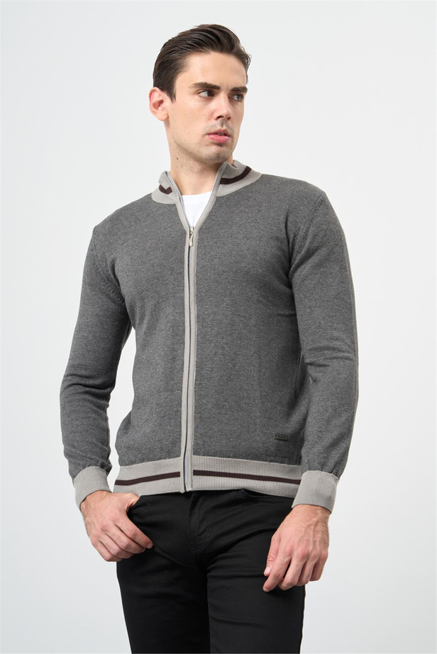 Gri Uzun Kol Düz Örme Dik Yaka Classic Slim Fit Triko 1012245203