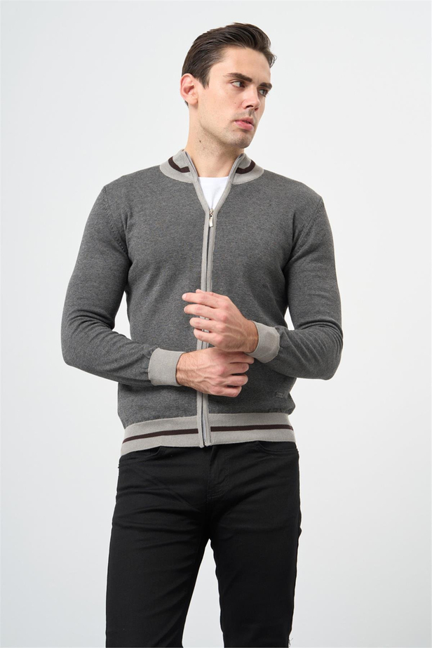 Gri Uzun Kol Düz Örme Dik Yaka Classic Slim Fit Triko 1012245203