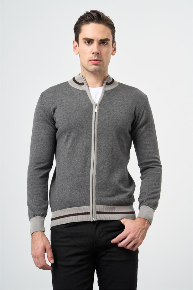 Gri Uzun Kol Düz Örme Dik Yaka Classic Slim Fit Triko 1012245203