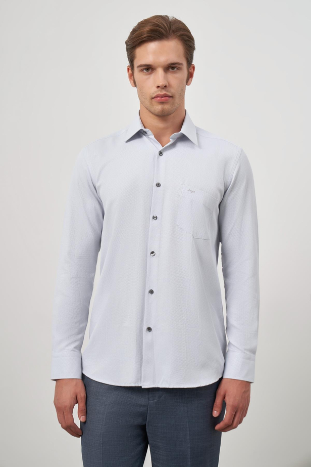 Gri Uzun Kol Kendinden Desenli Armürlü 041 Sert Yaka Classic Comfort Fit Gömlek 1004245156