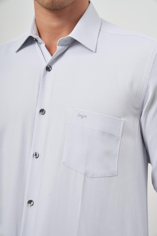 Gri Uzun Kol Kendinden Desenli Armürlü 041 Sert Yaka Classic Comfort Fit Gömlek 1004245156