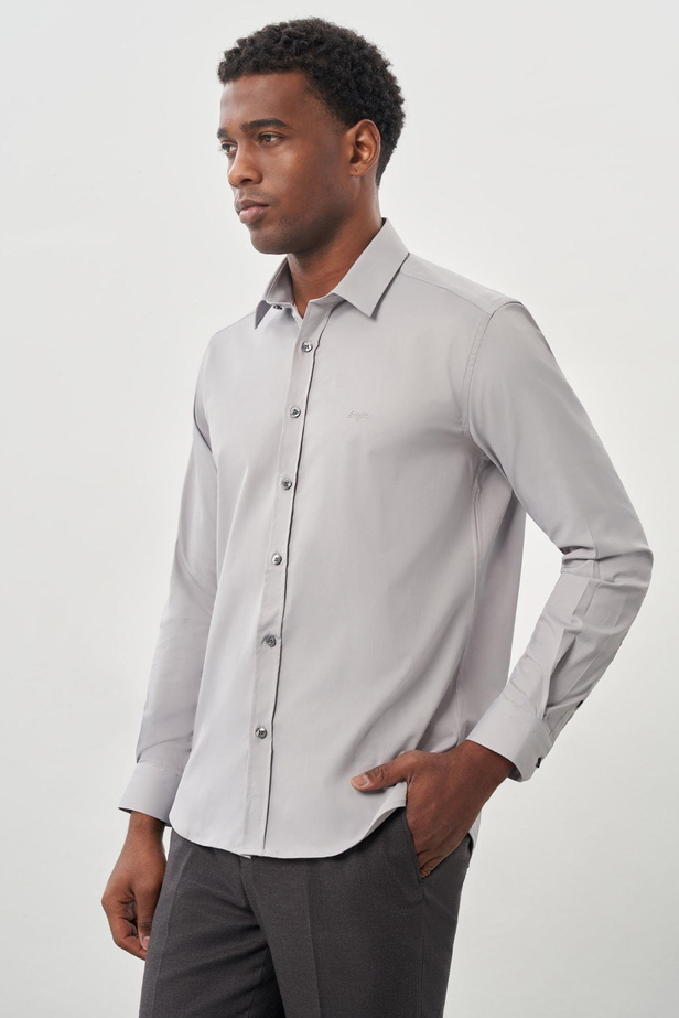 Gri Uzun Kollu Sert Yaka Cepsiz Pamuklu Likralı Klasik Slim Fit Dar Kesim Gömlek 1004245234