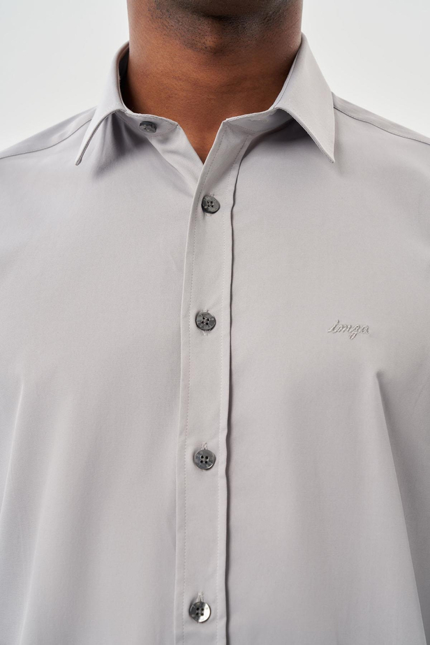 Gri Uzun Kollu Sert Yaka Cepsiz Pamuklu Likralı Klasik Slim Fit Dar Kesim Gömlek 1004245234