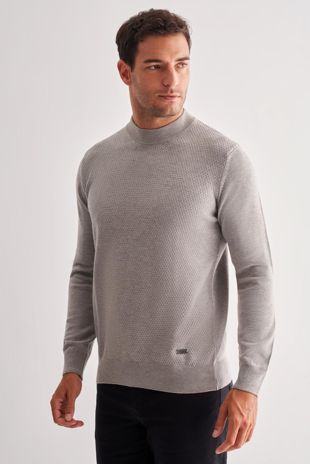 Gri Yarım Balıkçı Yaka Uzun Kol Cepsiz Comfort Fit Classic Pamuklu Triko Kazak 1012255208