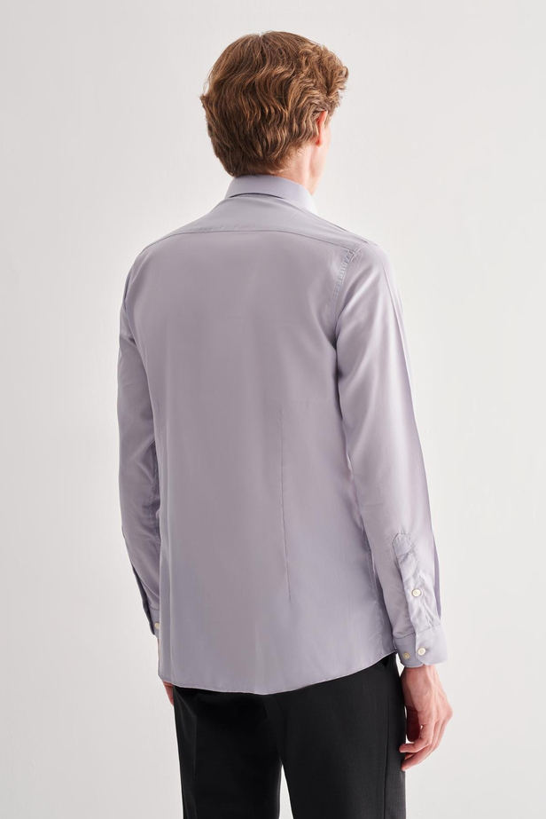 Gri Yarım İtalyan Yaka Uzun Kol Slim Fit Pamuklu Gömlek 1004255180