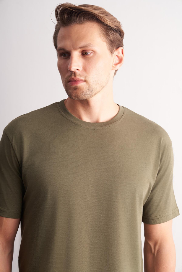 Haki Bisiklet Yaka Kısa Kol Slim Fit Pamuklu Tişört 1011255106