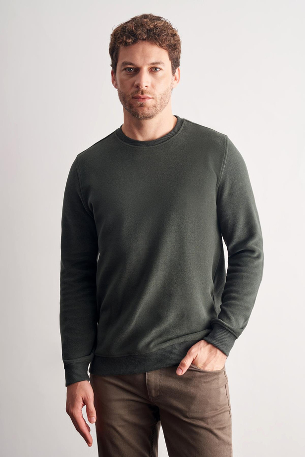 Haki Uzun Kol Bisiklet Yaka Düz Pamuklu Comfort Fit Sweatshirt 1013255150