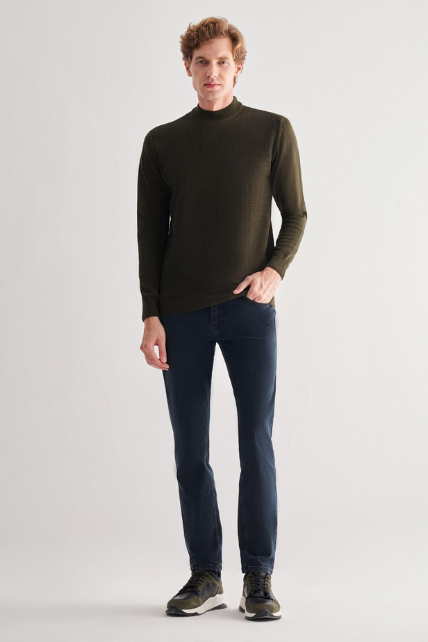 Haki Yarım Balıkçı Yaka Uzun Kol Cepsiz Comfort Fit Pamuklu Triko Kazak 1012255215