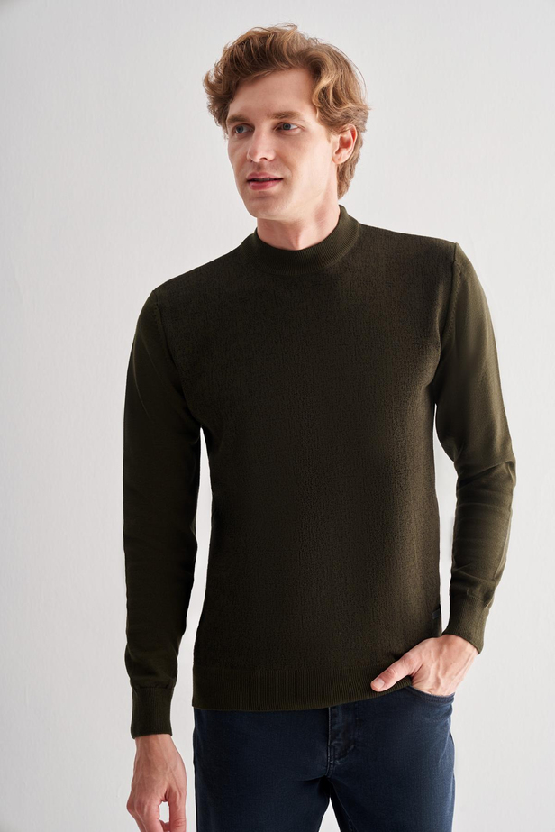 Haki Yarım Balıkçı Yaka Uzun Kol Cepsiz Comfort Fit Pamuklu Triko Kazak 1012255215