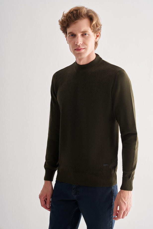 Haki Yarım Balıkçı Yaka Uzun Kol Cepsiz Comfort Fit Pamuklu Triko Kazak 1012255215