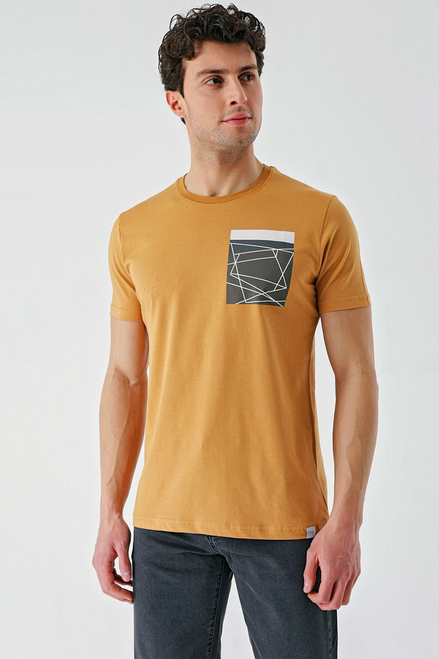Hardal Baskılı Bez Ayağı Bisiklet Yaka %100 Pamuk Casual Slim Fit Dar Kesim Tişört 1011240169