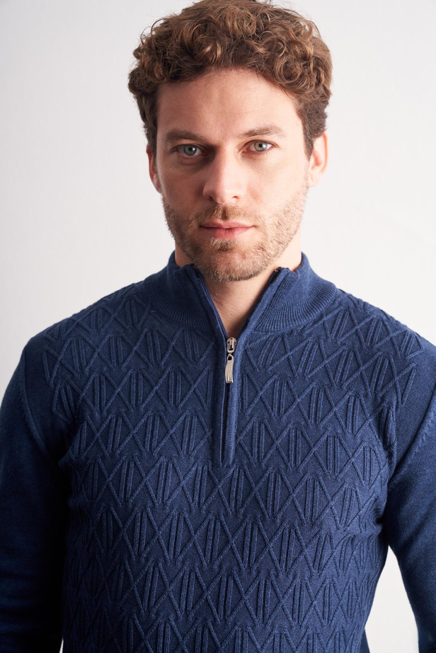 İndigo Mavi Dik Yaka Uzun Kol Cepsiz Slim Fit Casual Pamuklu Triko Kazak 1012255108