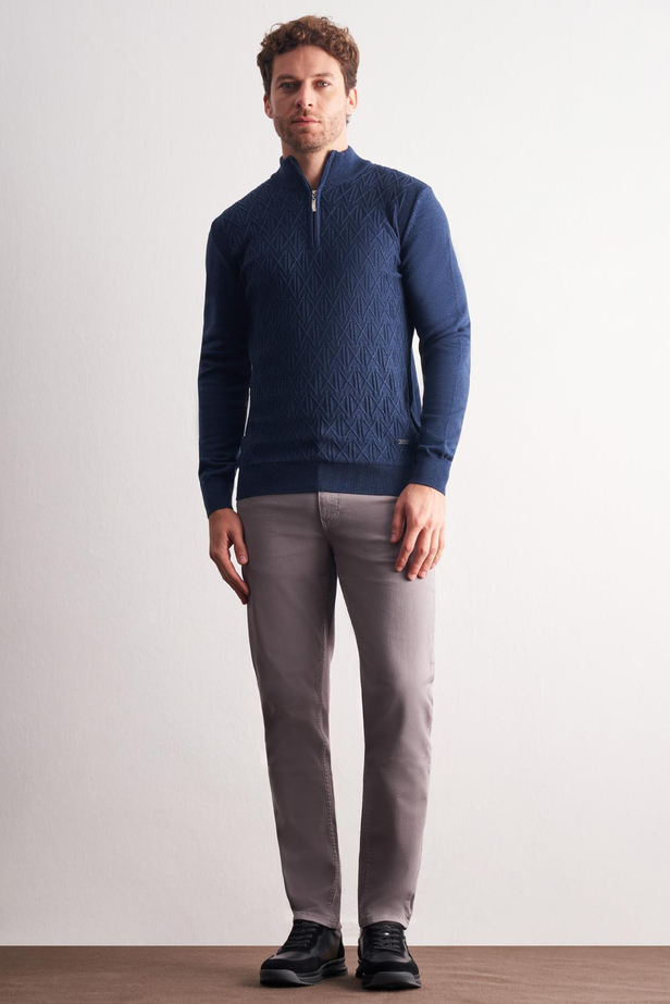 İndigo Mavi Dik Yaka Uzun Kol Cepsiz Slim Fit Casual Pamuklu Triko Kazak 1012255108