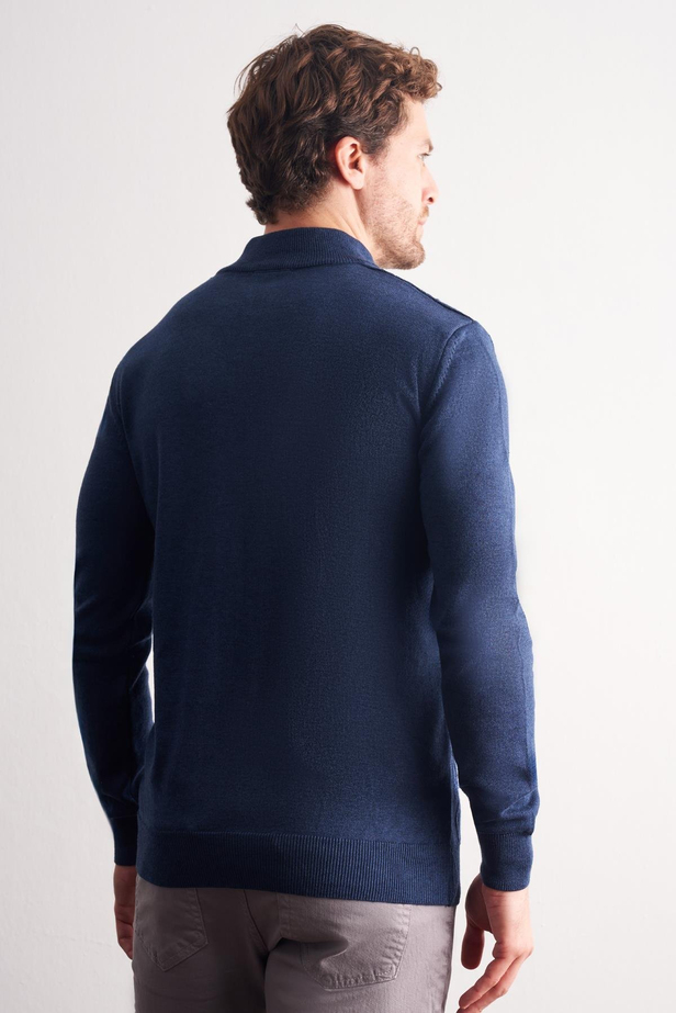 İndigo Mavi Dik Yaka Uzun Kol Cepsiz Slim Fit Casual Pamuklu Triko Kazak 1012255108