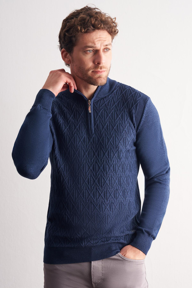 İndigo Mavi Dik Yaka Uzun Kol Cepsiz Slim Fit Casual Pamuklu Triko Kazak 1012255108