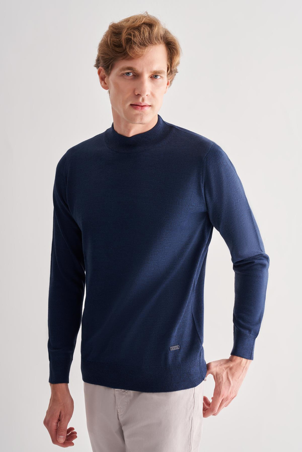 İndigo Mavi Yarım Balıkçı Yaka Cepsiz Comfort Fit Classic Pamuklu Triko Kazak 1012255001