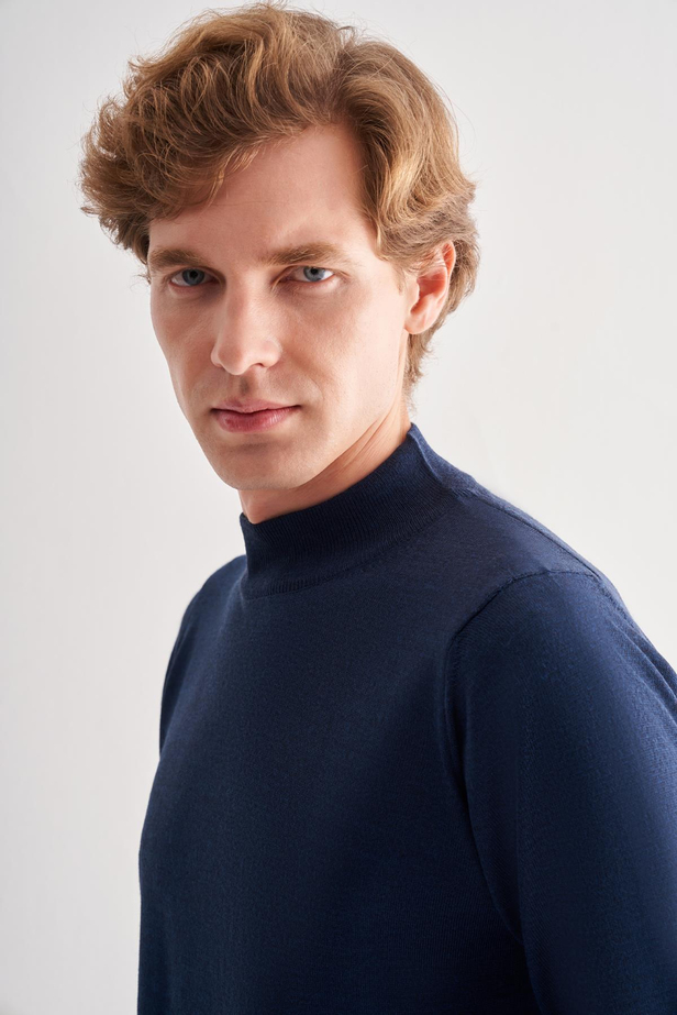 İndigo Mavi Yarım Balıkçı Yaka Cepsiz Comfort Fit Classic Pamuklu Triko Kazak 1012255001