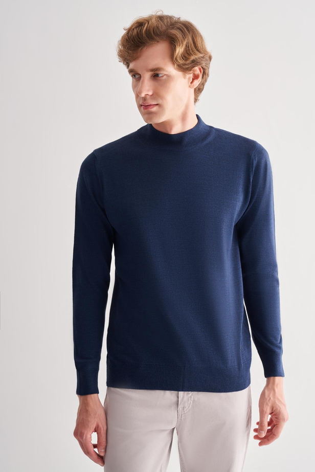 İndigo Mavi Yarım Balıkçı Yaka Cepsiz Comfort Fit Classic Pamuklu Triko Kazak 1012255001