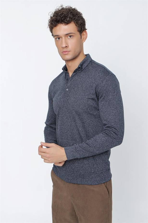 Jakarlı İtalyan Yaka Düğmeli Casual Slim Fit Dar Kesim Sweatshirt 1013225202-S