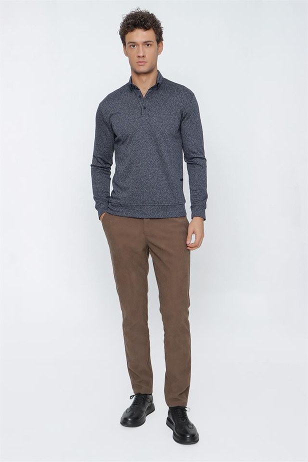 Jakarlı İtalyan Yaka Düğmeli Casual Slim Fit Dar Kesim Sweatshirt 1013225202-S