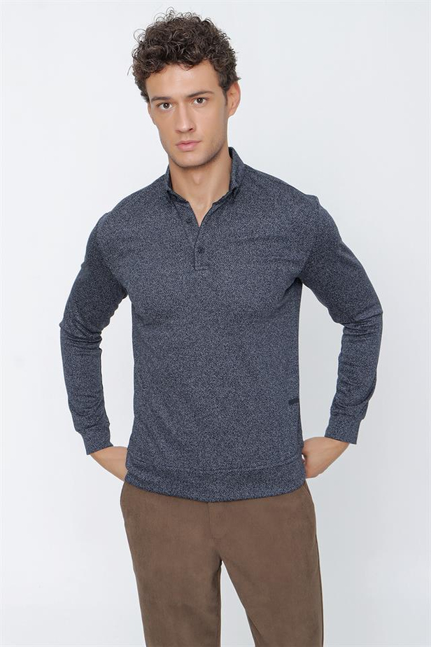 Jakarlı İtalyan Yaka Düğmeli Casual Slim Fit Dar Kesim Sweatshirt 1013225202-S