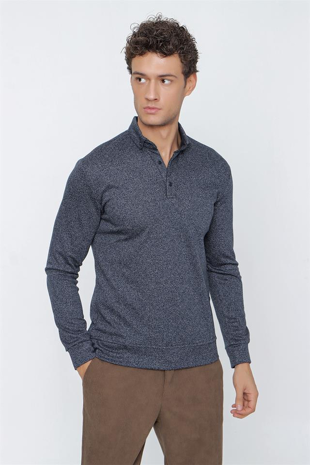 Jakarlı İtalyan Yaka Düğmeli Casual Slim Fit Dar Kesim Sweatshirt 1013225202-S