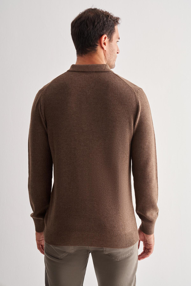Kahverengi Fermuarlı Polo Yaka Uzun Kol Cepsiz Comfort Fit Casual Pamuklu Triko Kazak 1012255202