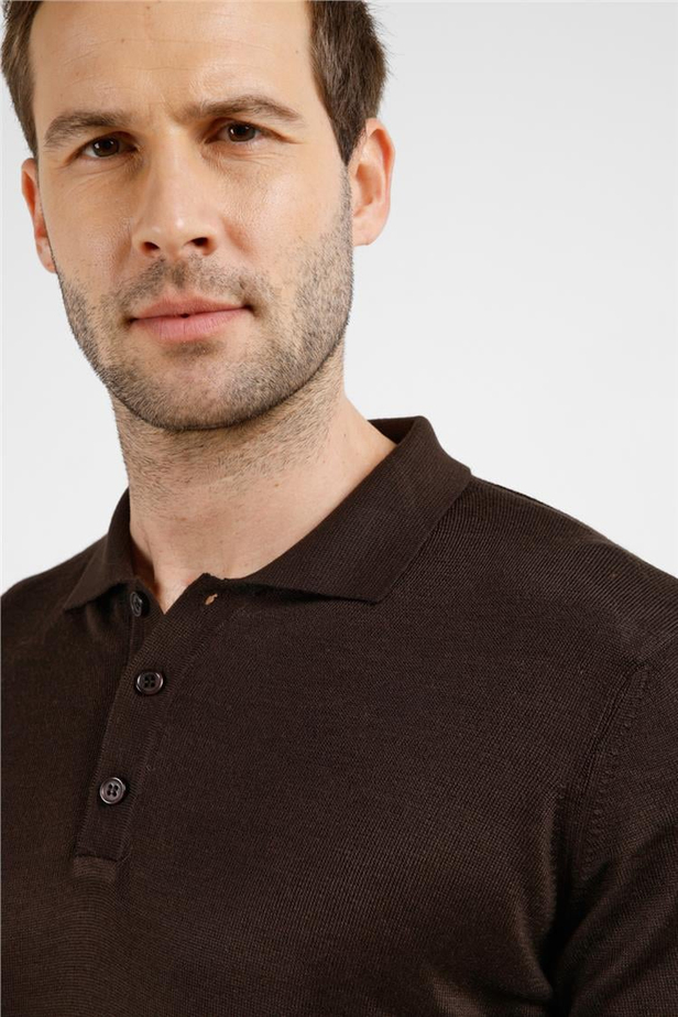 Kahverengi Polo Yaka Cepsiz Comfort Fit Classic Pamuklu Triko Kazak 1012255155