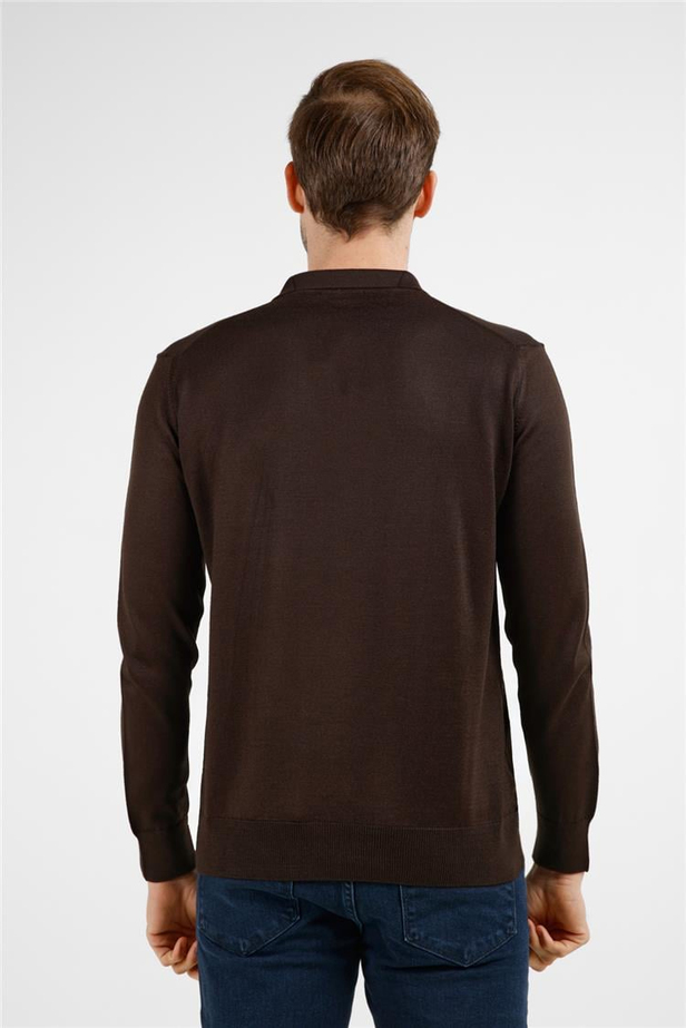 Kahverengi Polo Yaka Cepsiz Comfort Fit Classic Pamuklu Triko Kazak 1012255155