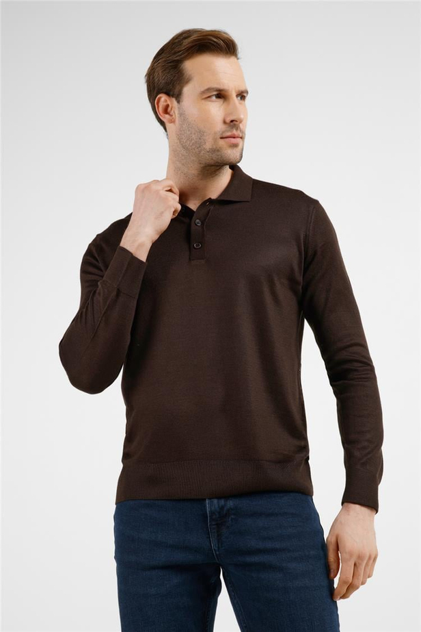 Kahverengi Polo Yaka Cepsiz Comfort Fit Classic Pamuklu Triko Kazak 1012255155