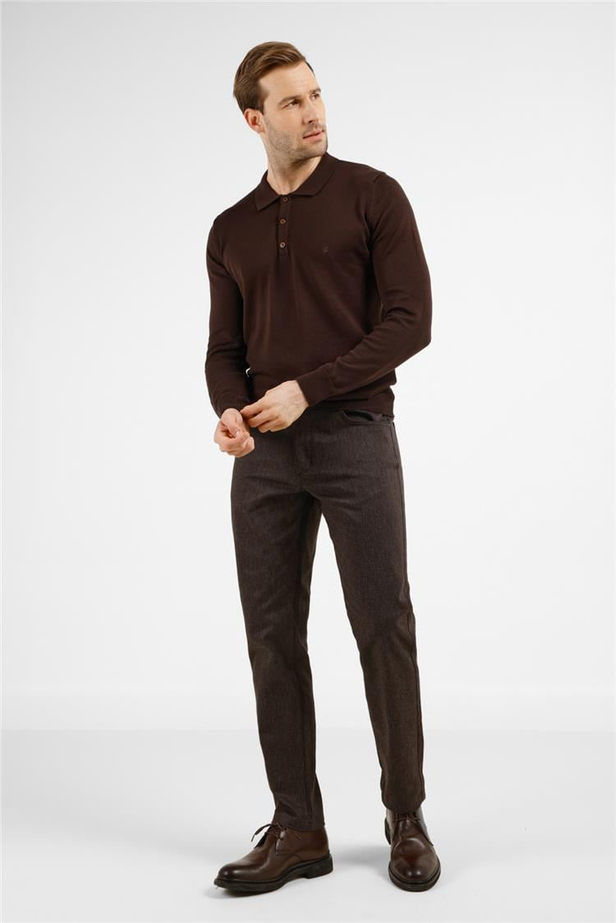 Kahverengi Polo Yaka Cepsiz Comfort Fit Classic Pamuklu Triko Kazak 1012255307