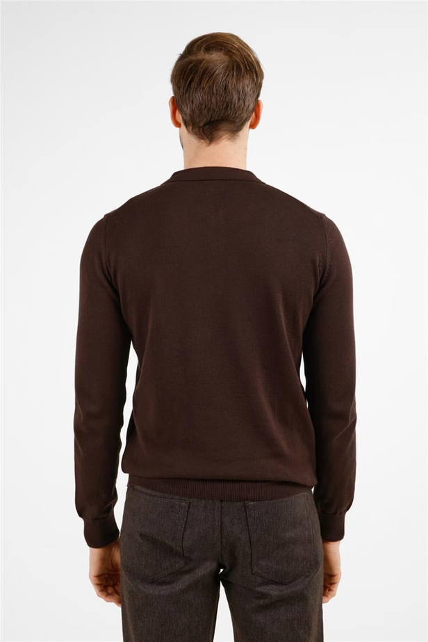 Kahverengi Polo Yaka Cepsiz Comfort Fit Classic Pamuklu Triko Kazak 1012255307