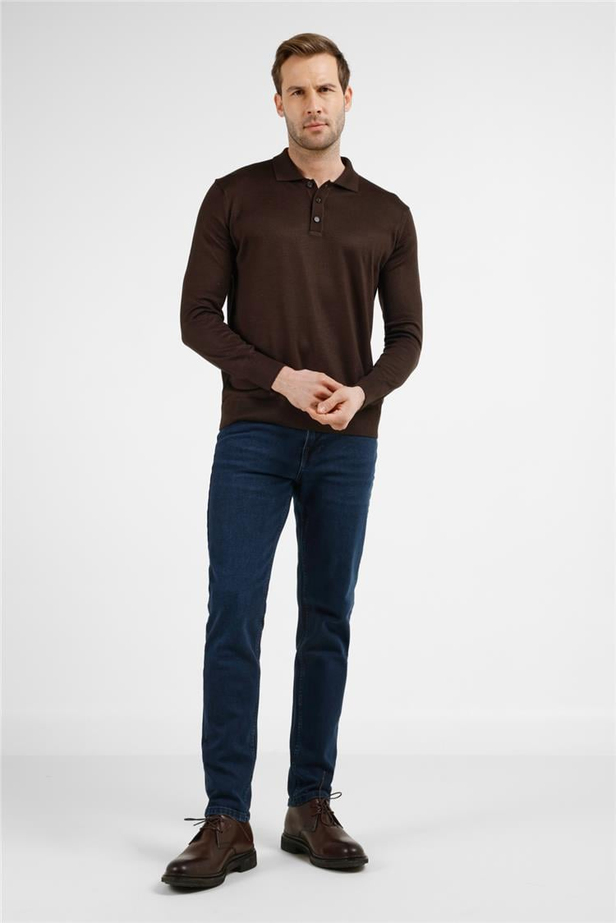 Kahverengi Polo Yaka Cepsiz Comfort Fit Classic Pamuklu Triko Kazak 1012255155